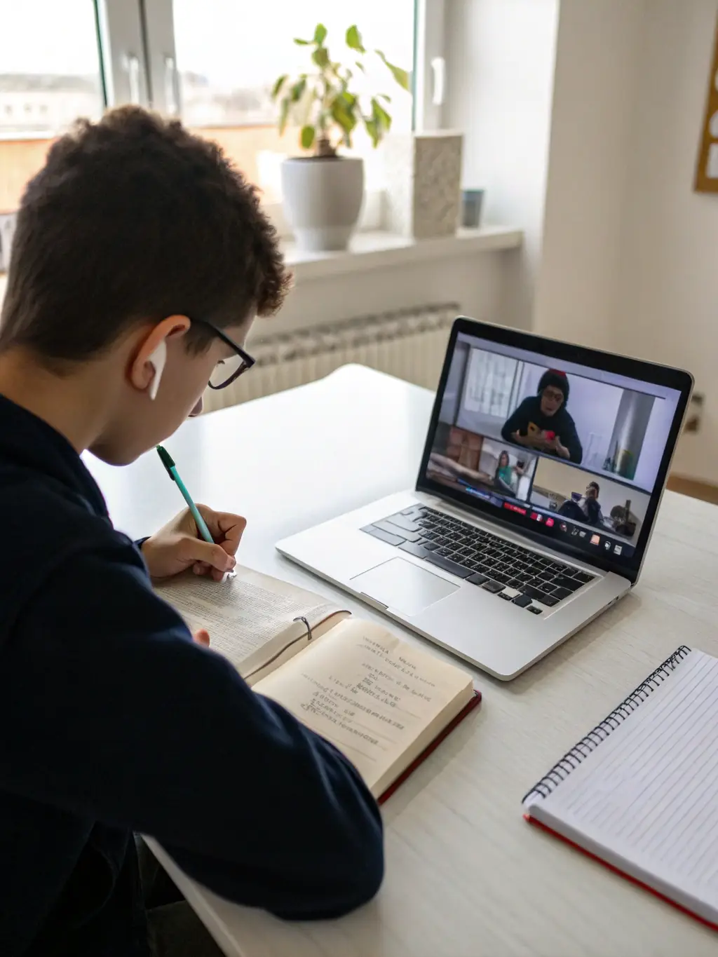 A person attending a financial webinar on their computer, taking notes and engaging with the speaker. The setting is a quiet and focused home environment.