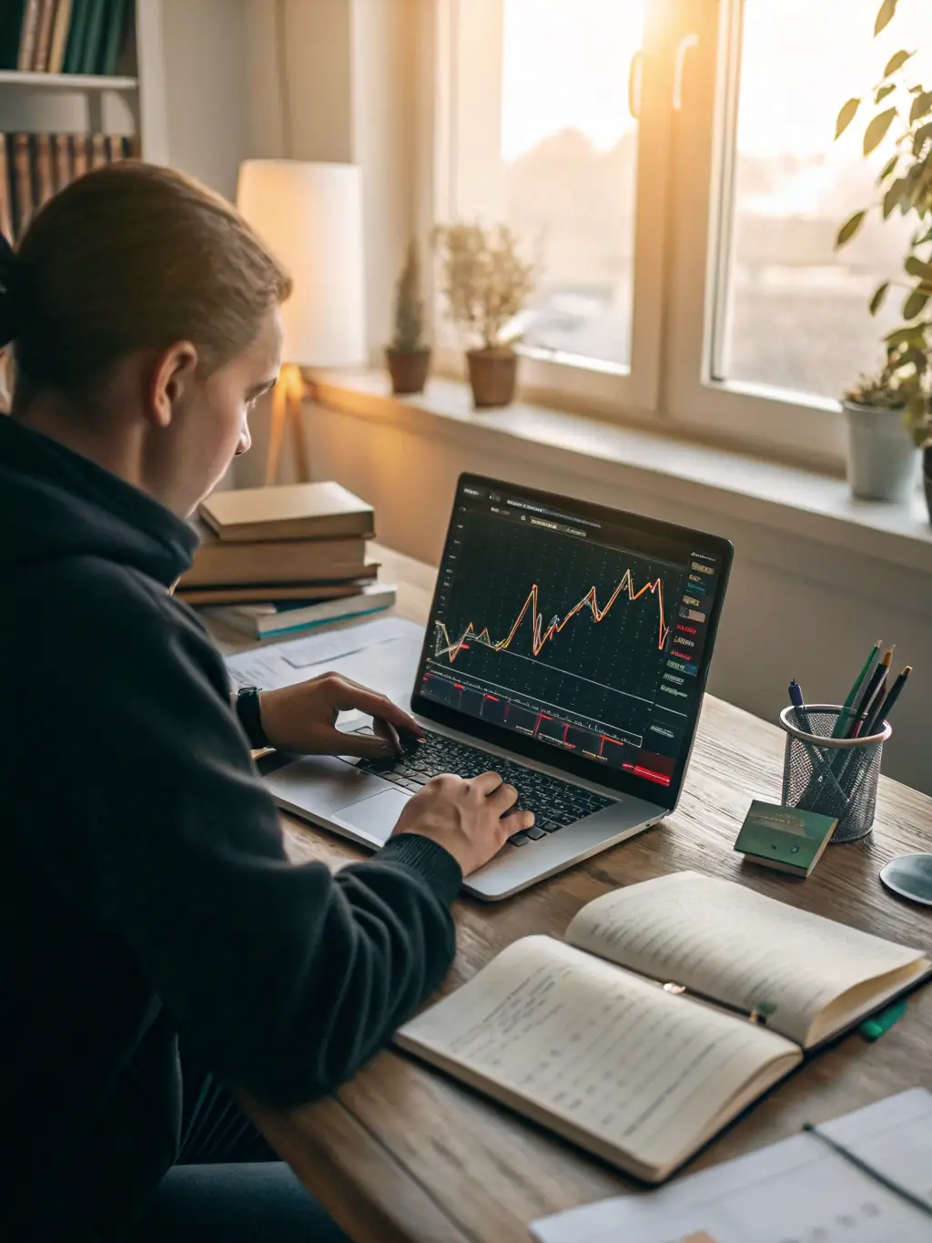 A person attending a financial webinar on their laptop, learning about investment strategies.