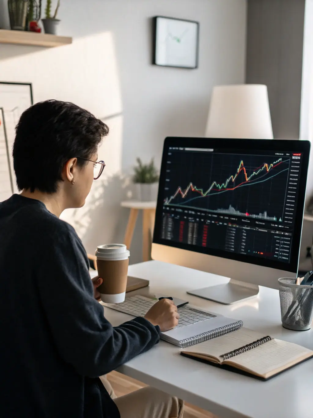 A person sitting at a desk, looking thoughtfully at financial charts on a computer screen, representing the initial assessment stage of financial coaching.