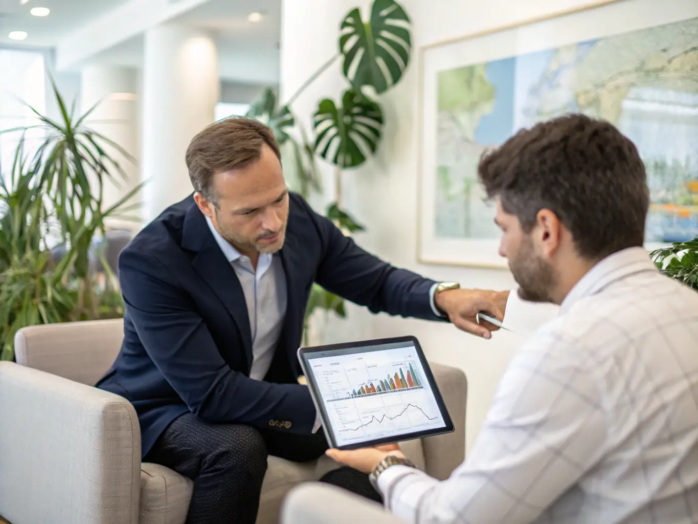 An image illustrating the planning and strategy development phase, featuring a coach and client reviewing investment options and creating a financial roadmap on a digital tablet.