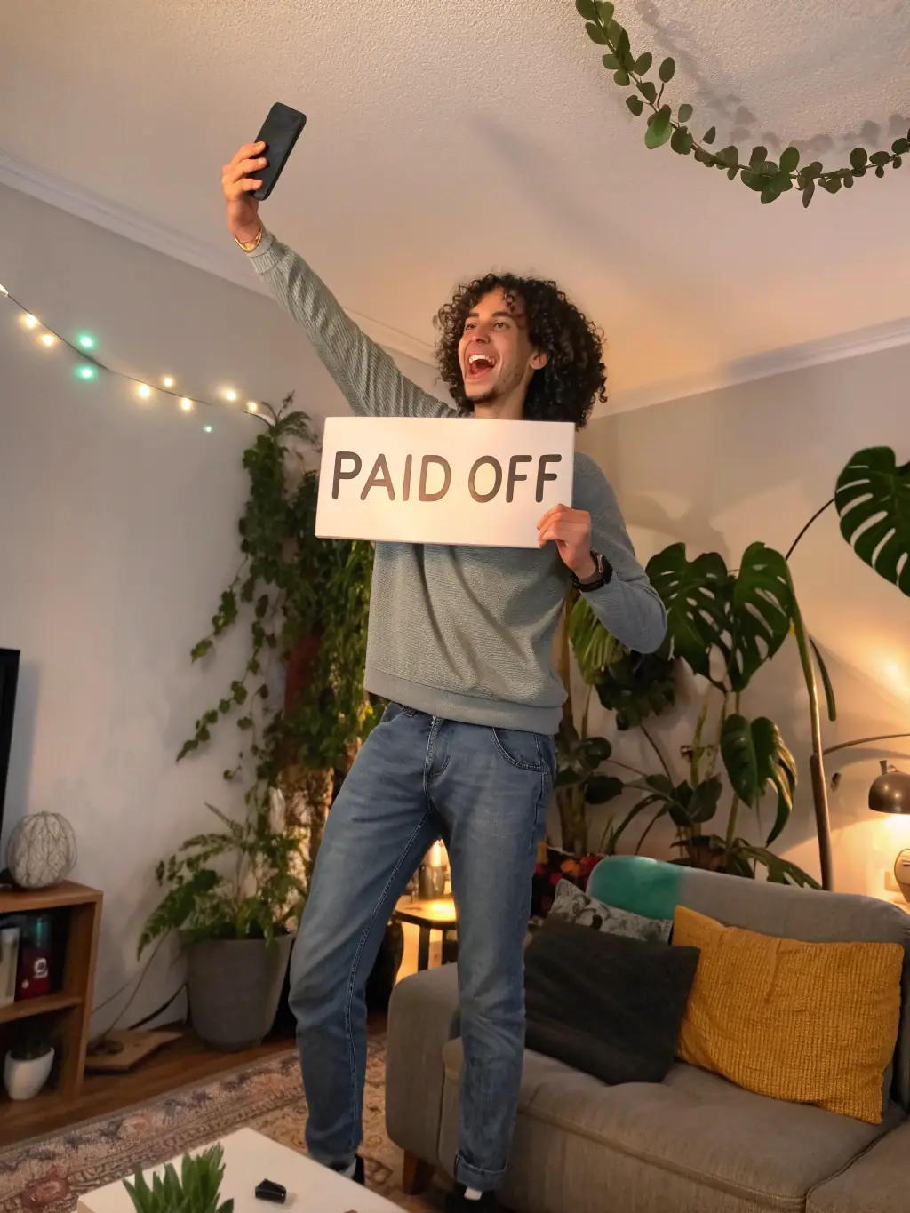 A person celebrating financial success, such as buying a home or retiring early, representing the monitoring and adjustment phase of financial coaching.
