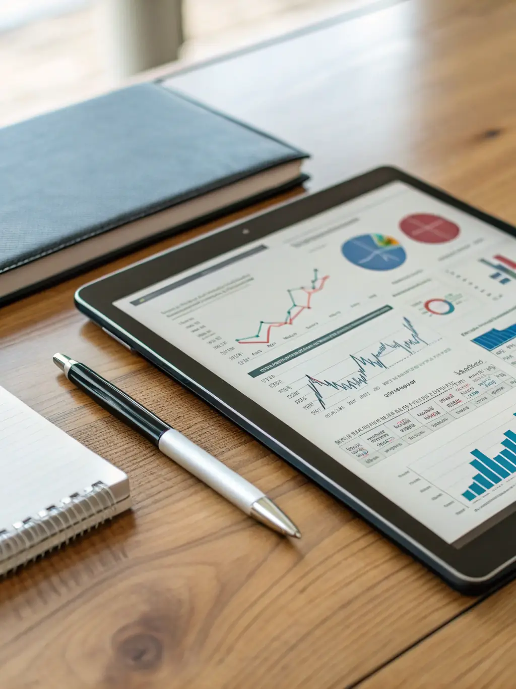 A close-up shot of a person's hands using a financial planning app on a tablet, showcasing charts and graphs indicating investment growth. The setting is a modern, bright office space.