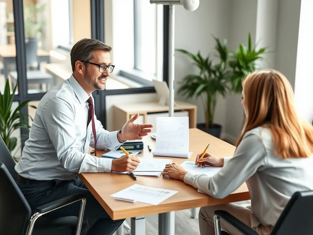 An image depicting the initial consultation phase of financial coaching, showing a coach and client discussing goals and aspirations in a bright, modern office setting.