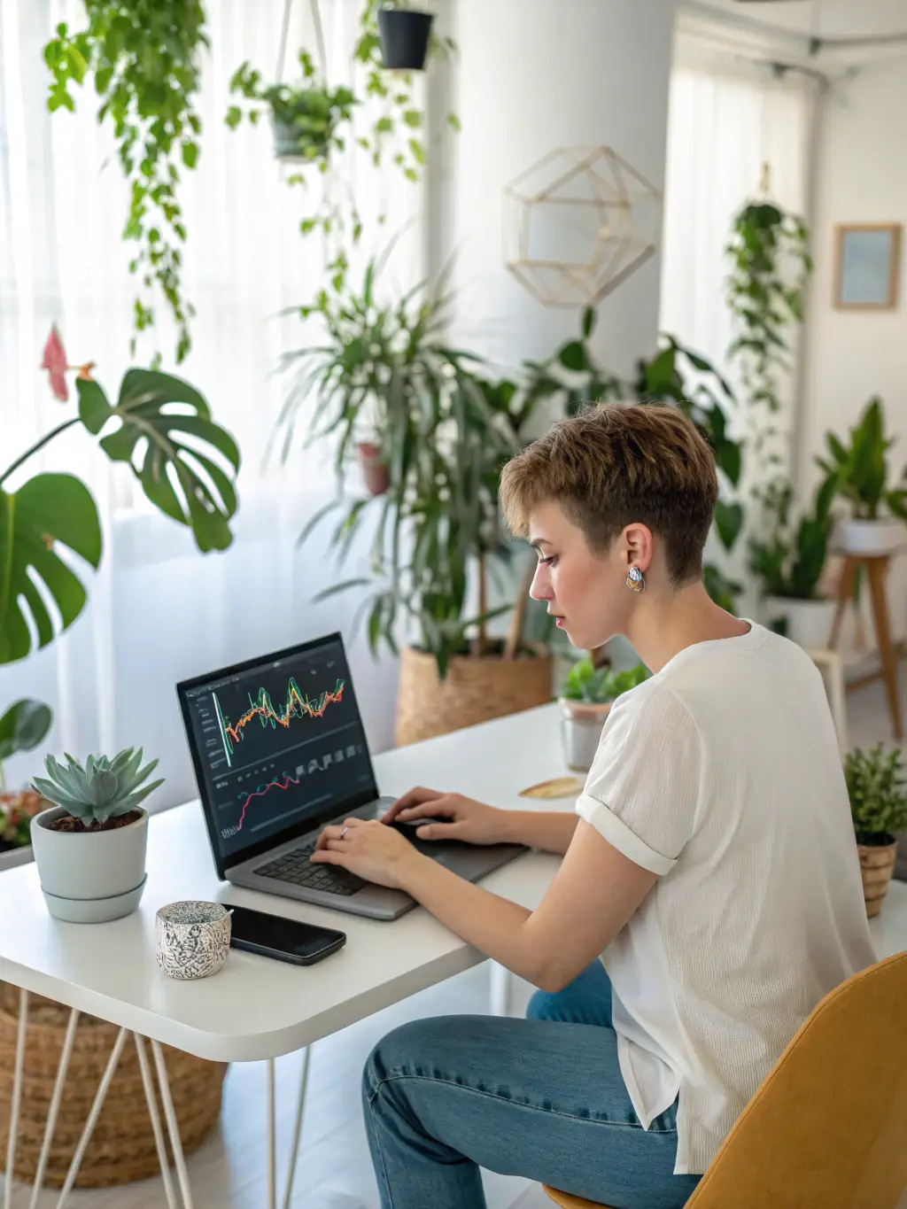 A person confidently making investment decisions on a platform, representing the implementation and action phase of financial coaching.