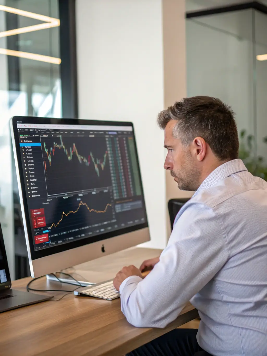 A person analyzing stock charts on a computer screen, representing strategic investment decisions.