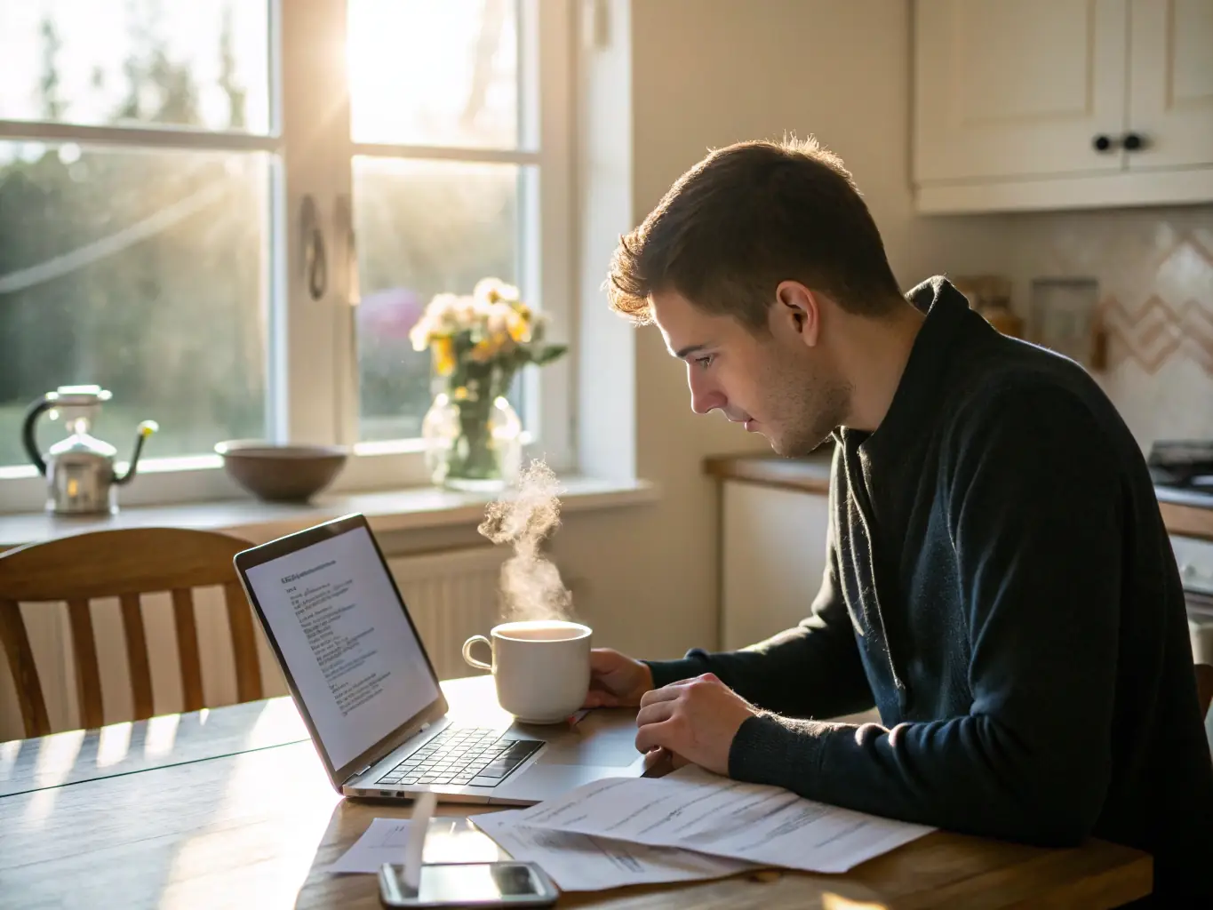 A person happily checking their investment portfolio on a laptop while sitting in a cozy cafe, symbolizing the freedom and flexibility that passive income provides.
